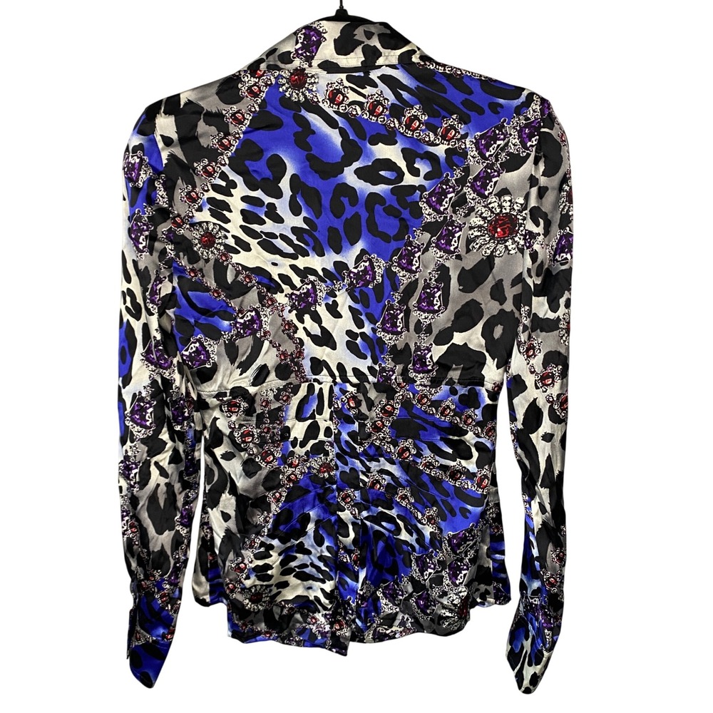 Cache Silk Blend Animal Jewel Print Button Down Blouse Blue Black Womens Small - Picture 2 of 11